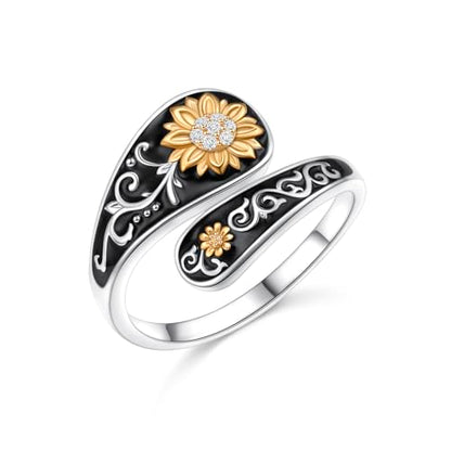FLYOW Sterling Silver Sunflower Spoon Ring Victorian Style Boho Antique Flower Adjustable Open Ring Retro Statement Cubic Zirconial/Turquoise/Oxidized Thumb Rings for Women Birthday Christmas Jewelry - style: Cubic Zirconial-7