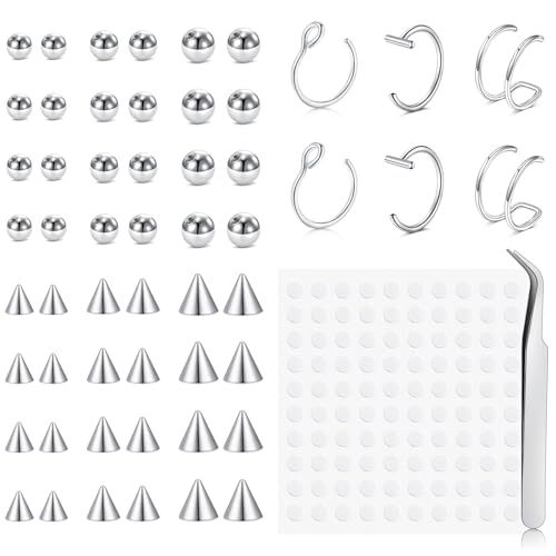 Zolure Fake Piercing Fake Eyebrow Ring Fake Lip Labret Studs Replacement Balls Spike with 100pcs Sticker Non-Piercing Body Jewelry - color: Silver #1