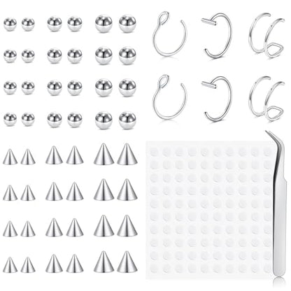 Zolure Fake Piercing Fake Eyebrow Ring Fake Lip Labret Studs Replacement Balls Spike with 100pcs Sticker Non-Piercing Body Jewelry - color: Silver #1