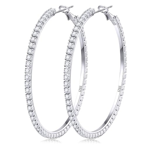 3mm 925 Sterling Silver Big Cubic Zirconia Hoop Earrings for Women Large Rhinestone Hoop Earrings 14K Gold Plated Hypoallergenic Lightweight 30mm/40mm/50mm/60mm - color: Silver-60mm