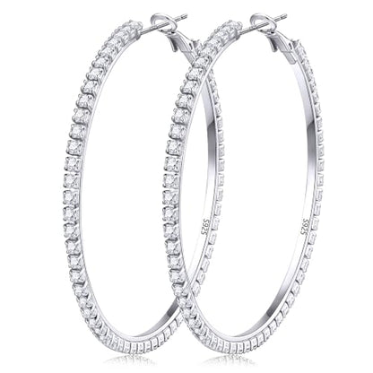3mm 925 Sterling Silver Big Cubic Zirconia Hoop Earrings for Women Large Rhinestone Hoop Earrings 14K Gold Plated Hypoallergenic Lightweight 30mm/40mm/50mm/60mm - color: Silver-60mm