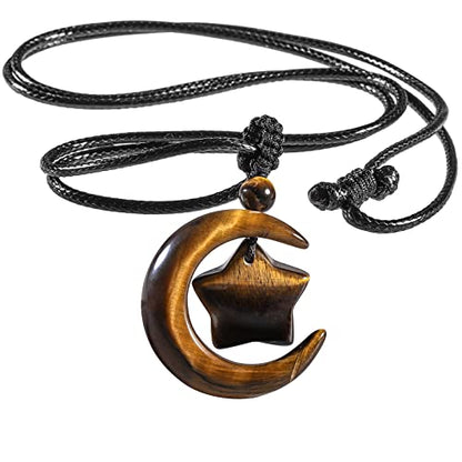 TUMBEELLUWA Hand Carved Crystal Crescent Moon Star Pendant Necklace | Celestial Sacred Symbol Talisman, Healing Crystal Necklace, Adjustable Cord, Attract Good Luck Positive Vibes - color: Brown