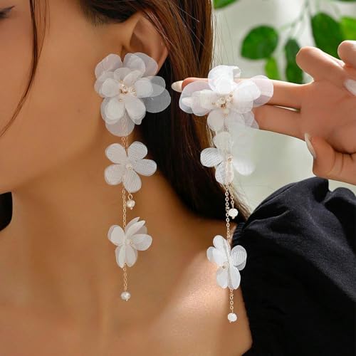 Flower Earrings for Women Long Fabric Flower Tassel Earrings Bohemian Handmade Floral Statement Earring Wedding Prom Jewelry Gifts - color: A1：white
