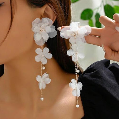Flower Earrings for Women Long Fabric Flower Tassel Earrings Bohemian Handmade Floral Statement Earring Wedding Prom Jewelry Gifts - color: A1：white