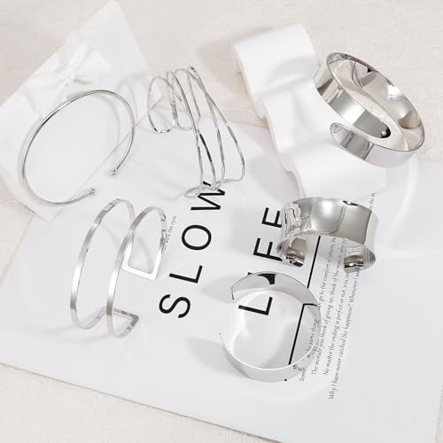 BROCC 6PCS Arm Cuff Jewelry for Women Upper Arm Cuff Bangle | Open Wide Bangle, Irregular Minimalist, Adjustable, Coil Armband Set - color: B