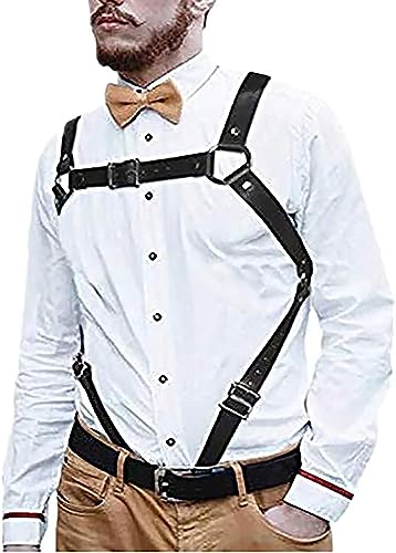 Mens Black Leather Armors Suspenders Shoulder Strap Body Chest Harness Chain Belt Adjustable Gay Punk Clubwear Costume - color: Black1
