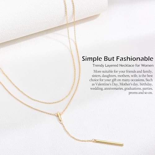 EPIRORA Layered Necklaces for Women, 16” & 20“ Double-Layer Lariat Necklace | 14k Gold/Silver Plated Long Necklaces for Women Trendy Layered Bar Pendant Drop Necklace Lariat Y Necklace Prom Jewelry Gifts - color: Gold