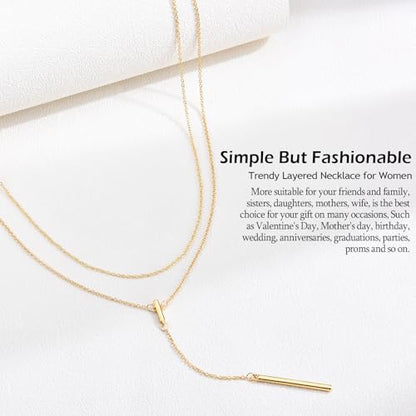 EPIRORA Layered Necklaces for Women, 16” & 20“ Double-Layer Lariat Necklace | 14k Gold/Silver Plated Long Necklaces for Women Trendy Layered Bar Pendant Drop Necklace Lariat Y Necklace Prom Jewelry Gifts - color: Gold