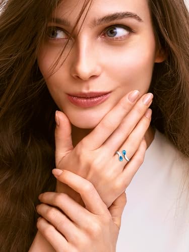 Bestyle Silver Birthstone Ring for Women, Dainty Sterling Silver Teardrop Ring Open Adjustable Band Ring, Love Statement TOI et Moi Ring Promise Ring for Her - color: 12.December (Blue Topaz)