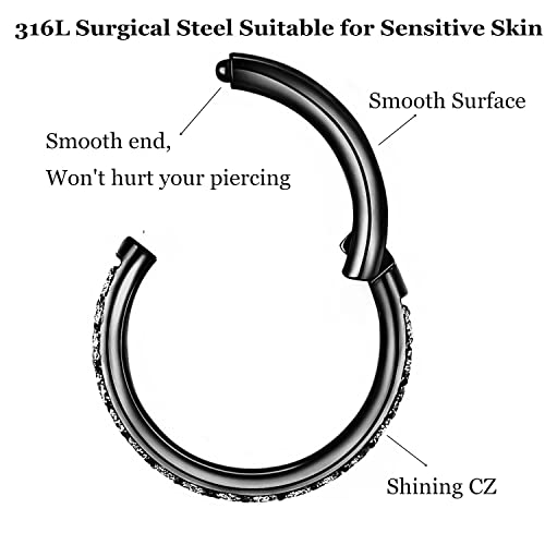 CZ Hinged Segment Nose Rings Hoop 316L Surgical Steel Cubic Zirconia Conch Daith Helix Tragus Body Piercing Jewelry Lip Rings Cartilage Earrings 20G 18G 16G Stainless Steel Septum Clicker Ring - color: Black, size: 18 Gauge 9mm
