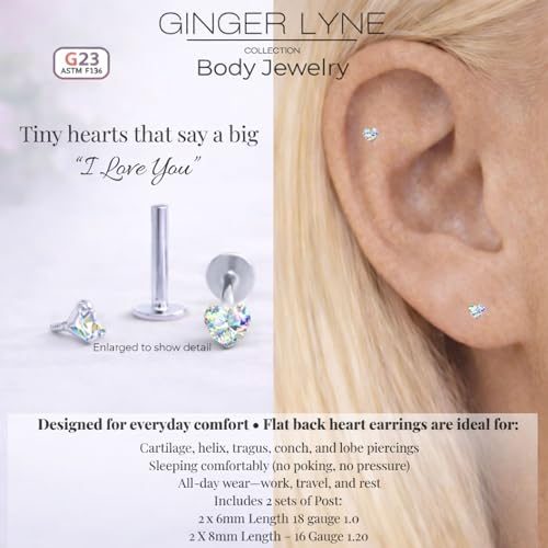 Titanium Heart CZ Labret Stud Earrings for Piercings by Ginger Lyne 6Pc Set G23 Screw Front Flat Back Body Jewelry 2 pair post 6mm, 8mm Cartilage, Helix, Tragus, Lip, Conch, Lobe - color: 3mm-AuroraBorealis