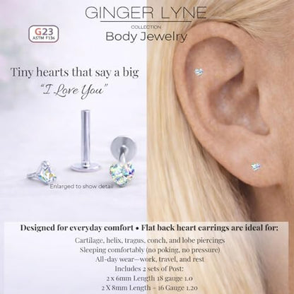 Titanium Heart CZ Labret Stud Earrings for Piercings by Ginger Lyne 6Pc Set G23 Screw Front Flat Back Body Jewelry 2 pair post 6mm, 8mm Cartilage, Helix, Tragus, Lip, Conch, Lobe - color: 3mm-AuroraBorealis