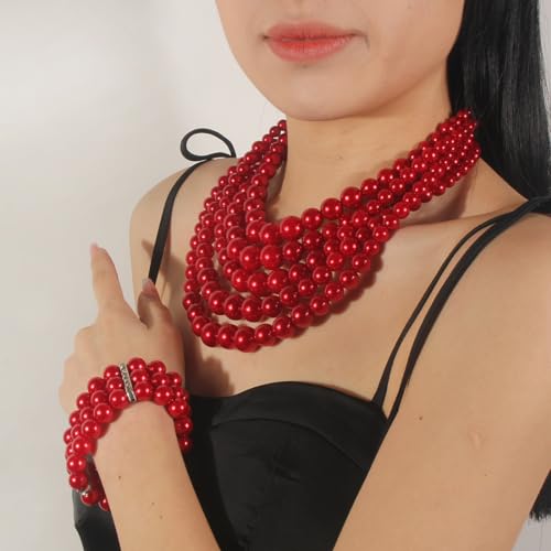KOSMOS-LI Large Multi Layer Faux Pearl Strand Costume Jewelry Sets For Women Stocking Stuffers - color: red