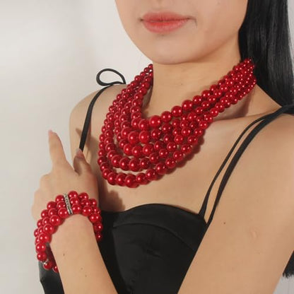 KOSMOS-LI Large Multi Layer Faux Pearl Strand Costume Jewelry Sets For Women Stocking Stuffers - color: red