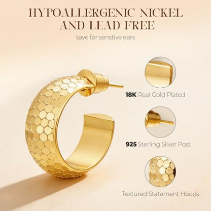 Small Hoop Earrings for Women Wide Half Huggie Hoops Chunky Hoop Earrings 18K Real Gold Plated 925 Sterling Silver Hammered Hypoallergenic Lightweight - color: QIHP-01-Gold