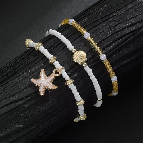 Boho Shell Ankle Bracelet Set for Women Adjustable Gold Plated Stackable Hawaiian Beach Vacation Pearl Seashell Starfish Foot Jewelry Gifts - color: Set A