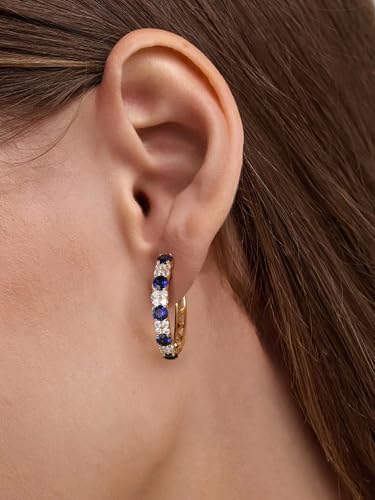 Women's Huggie Hoops with Birthstone 925 Sterling Silver Huggie Stud Hypoallergenic 14K Gold Plated Moissanite Earrings -Emerald Sapphire Ruby Hoop Earrings, Size 20 25mm - color: A -Sapphire Gold, size: 20mm (0.78 Inch)