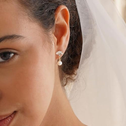 Plenky Pearl Earrings-14K Gold Plated Dainty Pearl Drop Simple Wedding CZ Dangle Dangling Cute Stud Earrings for Brides Earrings for Women Gifts - style: Fan-Shaped Zirconia Pearl Earrings