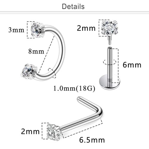 Horseshoe Nose Ring 18G Internally Threaded Nose Rings Hoops Surgical Steel Half Double Cubic Zirconia Nostril Studs Lip Eyebrow Helix Daith Ear Piercing Jewelry For Women - color: silvertone