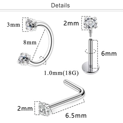 Horseshoe Nose Ring 18G Internally Threaded Nose Rings Hoops Surgical Steel Half Double Cubic Zirconia Nostril Studs Lip Eyebrow Helix Daith Ear Piercing Jewelry For Women - color: silvertone