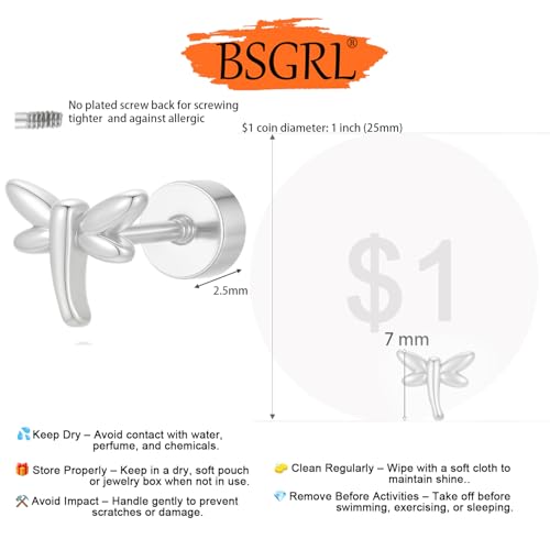 Flat Back Earrings for Women Cartilage Helix | Comfortable Dainty Cute Dragon Bee Bird Phoenix Dragonfly Cute Animal Leaf Spiral Rhombus Design Flatback Stud Earrings - color: Silver Dragonfly