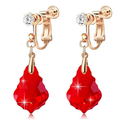 Austrian Crystal Baroque Drop Clip On Dangle Earrings for Women Non Pierced 14K Rose Gold Plated Hypoallergenic Jewelry - color: Red