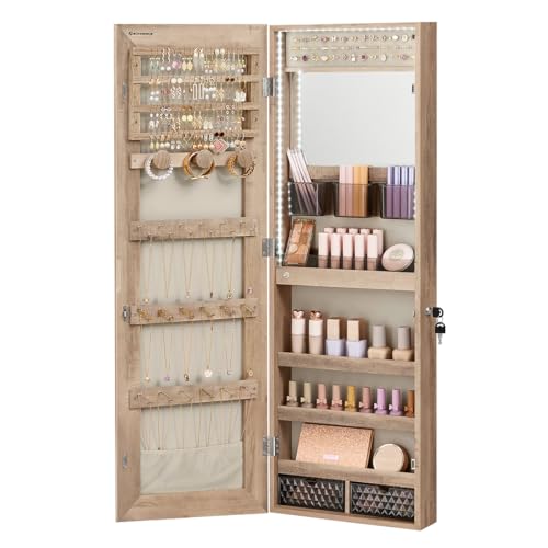 SONGMICS Jewelry Cabinet Armoire Organizer with LED Lights, Wall-Mounted Storage Cabinet with Full-Length Frameless Mirror, Built-in Makeup Mirror, 2 Drawers, Lockable, Camel Brown UJJC013N01 - color: Camel Brown, style: 42.5-Inch with Built-in Lighted Mi