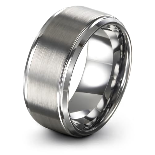 Tungsten Wedding Band Ring Black 10mm Men Women Comfort Fit 18k Rose Gold Step Edge Brushed Polished - color: Grey Tungsten