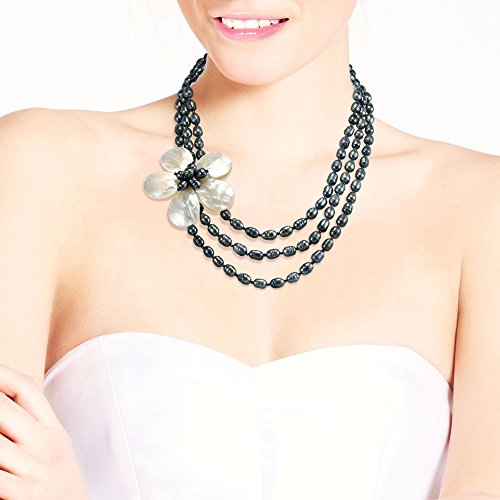 Glamorous Floral Mother of Pearl on Triple Strand of Cultured Freshwater Black Pearl Layered Necklace