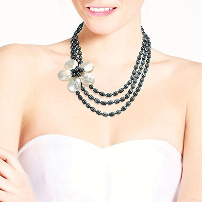 Glamorous Floral Mother of Pearl on Triple Strand of Cultured Freshwater Black Pearl Layered Necklace
