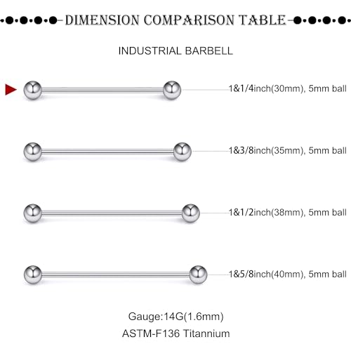 16G-2G ASTM F136 Titanium Internally Threaded Nipple Tongue Rings Piercing Jewelry Straight Industrial Earring Barbell G23 Titanium Nipple Tongue Bars Piercing Jewelry for Women Men 12MM-40MM - style: 14G, 30mm Length, 5mm Ball