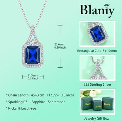 Created Gemstone Necklace 925 Sterling Silver Halo Rectangular Pendant Birthstone Necklaces Jewelry Gifts for Women - color: 09 September - Sapphire