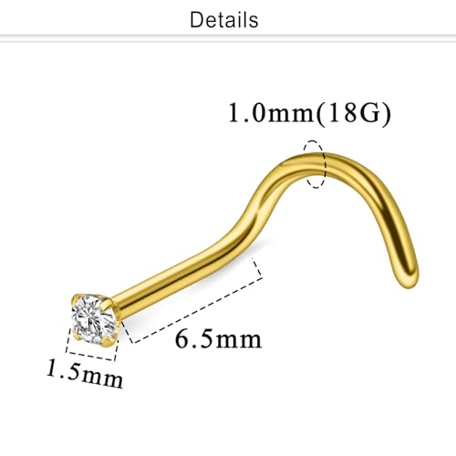 Nose Studs Surgical Steel Nose Rings Studs with Cubic Zirconia 10Pcs Tiny Nostril Rings for Women Screw Bone and L-Shaped Nostril Piercing Jewelry 24G 22G 20G 18G - color: goldtone,screw nose studs, size: 18g,1.5mm Clear CZ