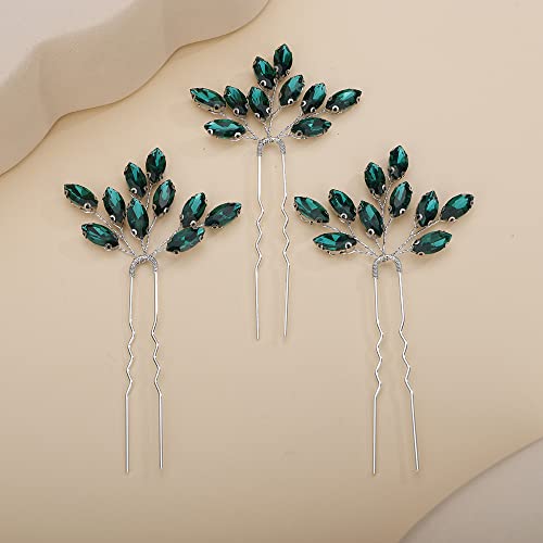 Teyglen 3pcs Bridal Crystal Hair Pins Rhinestones Hair Pieces Simple Crystal Wedding Hair Accessories Handmade Hair Pins for Women Bride Girls (Green-Silver) - color: Green-Silver