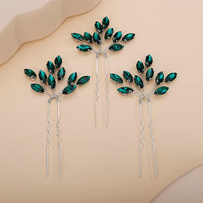 Teyglen 3pcs Bridal Crystal Hair Pins Rhinestones Hair Pieces Simple Crystal Wedding Hair Accessories Handmade Hair Pins for Women Bride Girls (Green-Silver) - color: Green-Silver