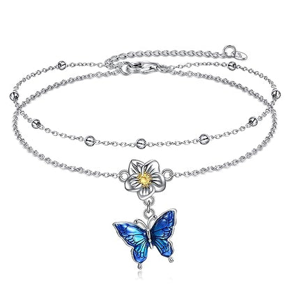 YAFEINI Anklet Bracelets for Women Girls Sterling Silver Hummingbird/Dragonfly/Butterfly Link Chain Anklets Jewelry Gifts - color: Layered butterfly anklets