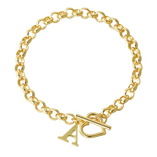 14K Gold Plated Stainless Steel A-Z Alphabet Letter Heart Bracelet | Non-Tarnish Dainty Charm with a Romantic Toggle Clasp Daily Fashion Jewelry, 7-inch Rolo Chain, Personalized Gift for Her - color: A