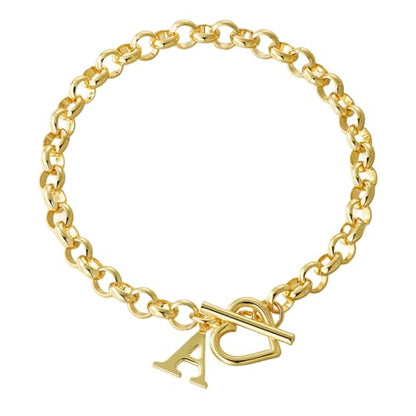 14K Gold Plated Stainless Steel A-Z Alphabet Letter Heart Bracelet | Non-Tarnish Dainty Charm with a Romantic Toggle Clasp Daily Fashion Jewelry, 7-inch Rolo Chain, Personalized Gift for Her - color: A
