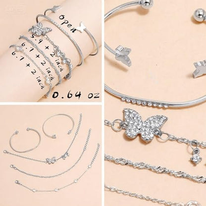 IFKM Gold Chain Bracelets Set for Women, 14K Gold Plated Multiple Layered Stackable Open Cuff Bangle Bracelet Anklet Bracelets Adjustable Link Tennis Beads Italian Cuban Jewelry for Women Gift - style: 24PCS Silver Set