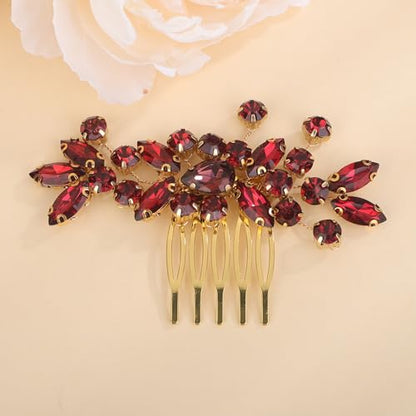 Dainty Teardrop Rhinestone Crystal Wedding Hair Comb Handmade Hair Side Comb Women Girls Wedding Headpiece Silver Gold Wedding Hair Accessories for Brides Bridesmaid (wine red) - color: wine red