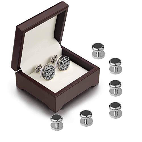 Cuff Links Mens, Cufflinks for Men, Men's Cuff Links for Wedding, Business, Father's Day, Gift for Men, 18K Gold Plated with Luxury Wooden Gift Box - style: Silver