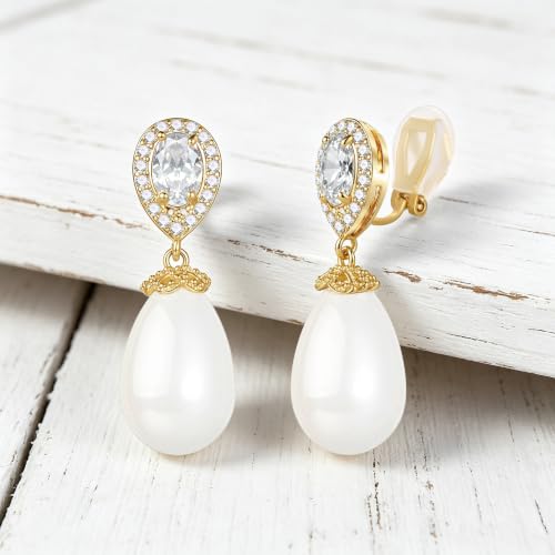 Teardrop Austrian Crystal & Pearl Drop Earrings,14K Gold Plated Elegant Dangle Earrings for Women, Bridal Wedding Jewelry Gift - color: Gold/Clip