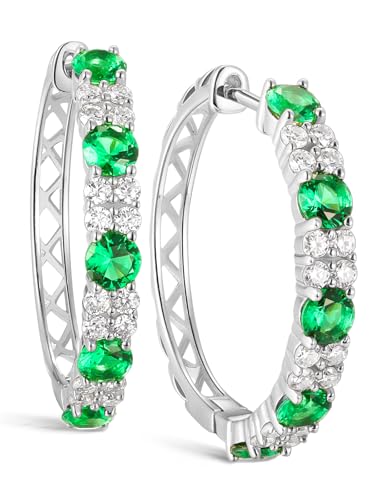 Women's Huggie Hoops with Birthstone 925 Sterling Silver Huggie Stud Hypoallergenic 14K Gold Plated Moissanite Earrings -Emerald Sapphire Ruby Hoop Earrings, Size 20 25mm - color: A -Emerald Silver, size: 20mm (0.78 Inch)