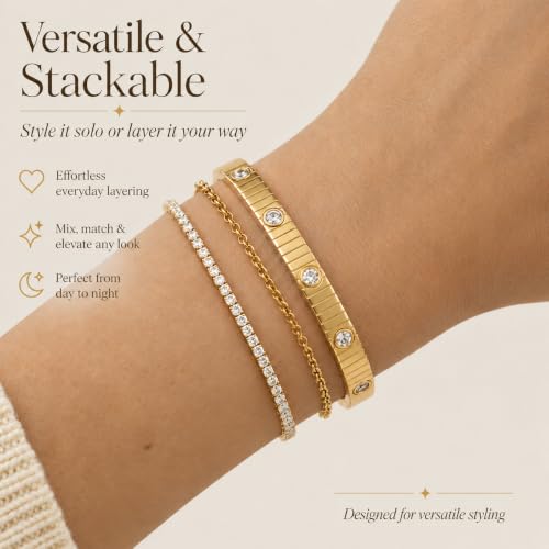 AuraLyric Gold Bracelets for Women, 14K Gold Plated Nail/Love/Emerald Green/Teardrop/Round White CZ Bangle Bracelets, Stackable Gold Bangles Non Tarnish, Gifts for Wife Mom Daughter 6.5 Inch - color: White CZ - Bezel Set