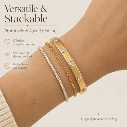AuraLyric Gold Bracelets for Women, 14K Gold Plated Nail/Love/Emerald Green/Teardrop/Round White CZ Bangle Bracelets, Stackable Gold Bangles Non Tarnish, Gifts for Wife Mom Daughter 6.5 Inch - color: White CZ - Bezel Set