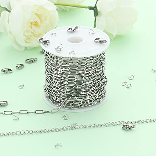 UMAOKANG 16.4 Feet Silver Stainless Steel Chains for Jewelry Making Cable Long Craft Link Chain Roll Paperclip Necklace Chains Bulk with Jump Rings Lobster Clasps Extender Chain - color: Steel Paperclip