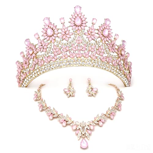 Crowns and Tiaras Jewelry Set for Women.Wedding (Gold Green) | Wedding Crown, Necklace Earrings, Princess Queen Birthday Party, Pageant Bridal, Costume Accessories - color: Opal Pink