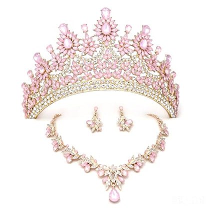 Crowns and Tiaras Jewelry Set for Women.Wedding (Gold Green) | Wedding Crown, Necklace Earrings, Princess Queen Birthday Party, Pageant Bridal, Costume Accessories - color: Opal Pink
