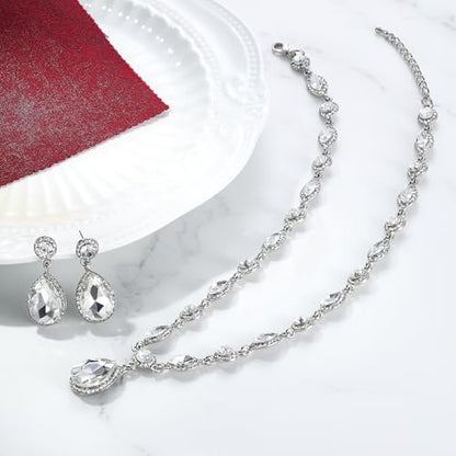EleQueen Women's Teardrop Necklace Earrings Jewellery Set for Party Prom | Wedding Bridal Costume Jewelry Set for Brides Bridesmaids, Crystal Teardrop Necklace Dangle Earrings - color: Clear
