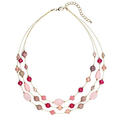 Coiris 3 Layers Illusion Wire Beaded Statement 19.5" Necklace for Women - color: ST0001-Pink Mix